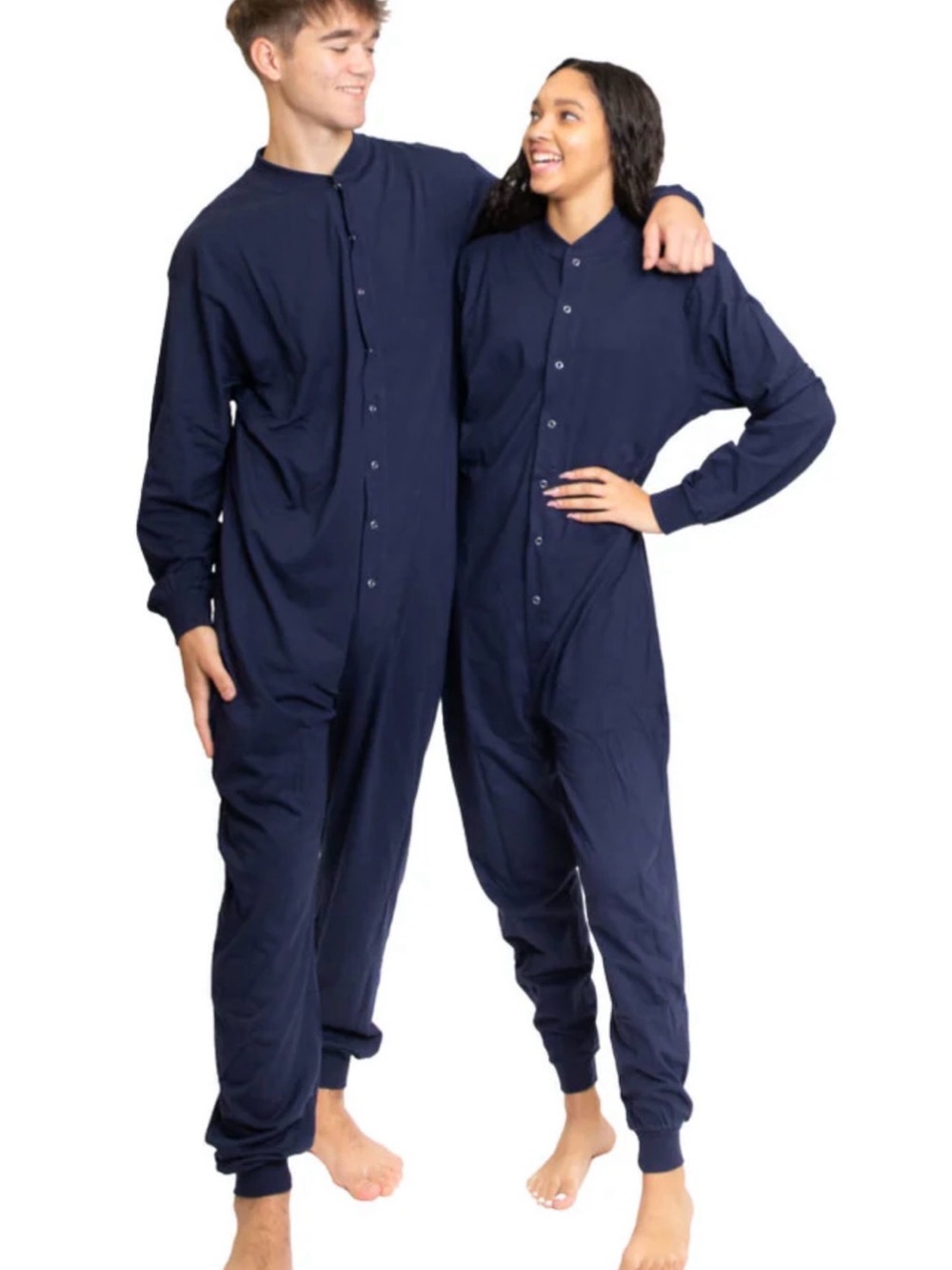 Navy Button-Front One-Piece Pajama Suit -unisex onesie with back panel